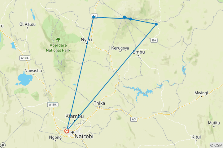 Map of 5 Days Mount Kenya Climbing Through Chogoria Route