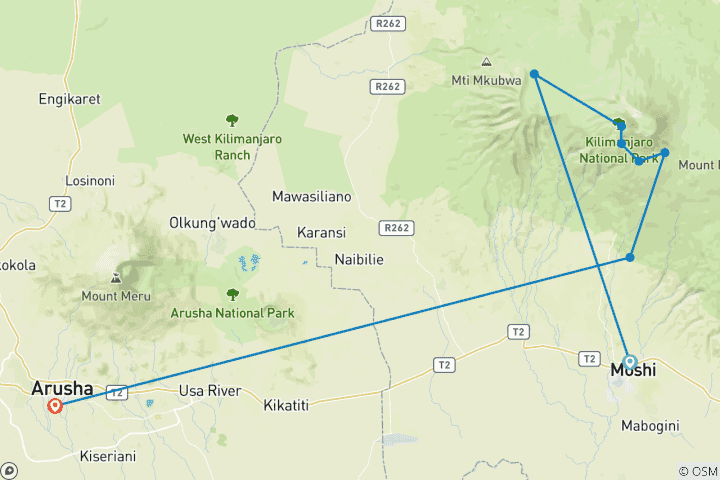 Map of 9 Days - Mount Kilimanjaro Climbing - Lemosho Route