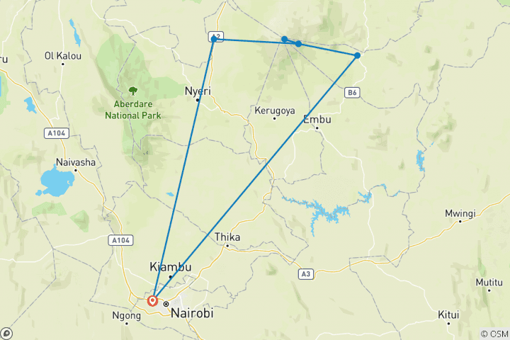 Map of 6 Days Mount Kenya Hike- Chogoria Route Down Naro Moru