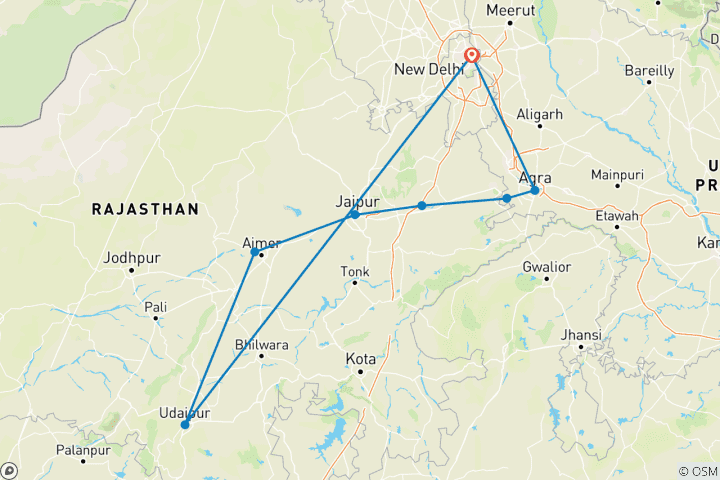 Carte du circuit Odyssée royale du patrimoine : Triangle d'or et Udaipur