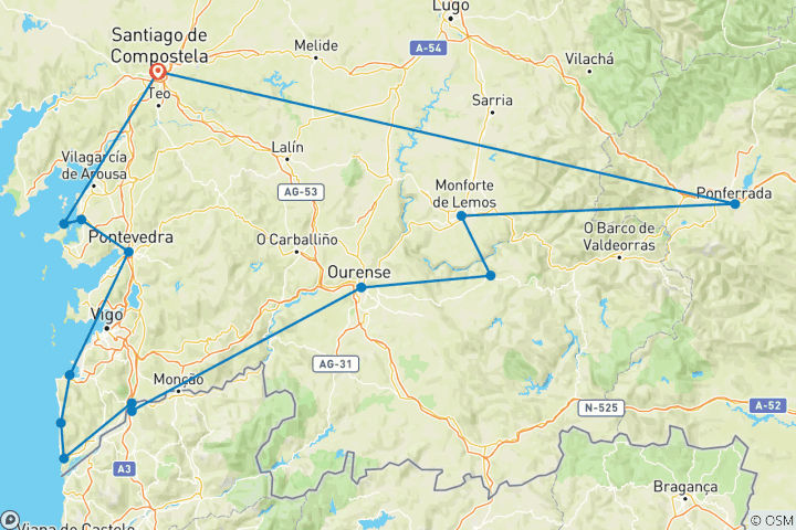 Map of Food & Wine Private tour from Santiago de Compostela 4 days 3 nights