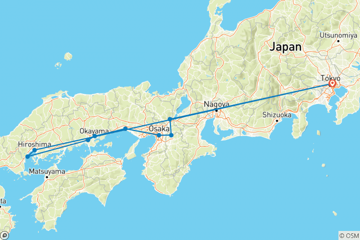 Map of Tokyo, Kyoto and Hiroshima end Tokyo (10 destinations)