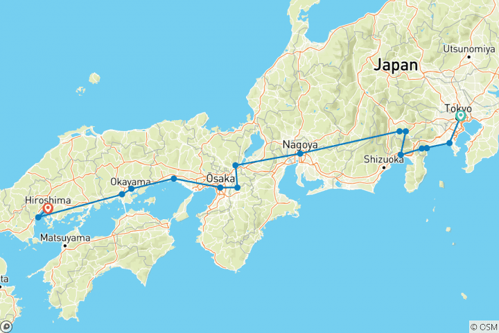 Kaart van De essentie van Japan & Hakone - eindpunt Hiroshima (16 bestemmingen)