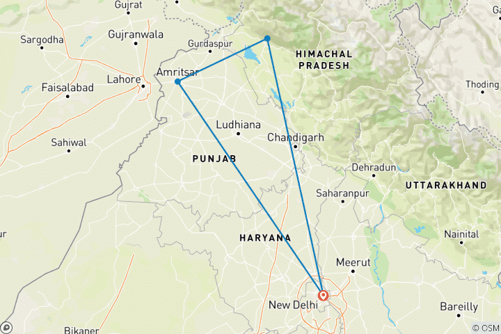 Map of Delhi to Amritsar & the Mystical Dharamsala