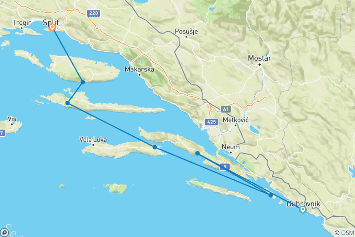 Carte du circuit Croisière aller simple en Croatie Dubrovnik - Split