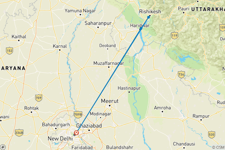 Map of Delhi to Haridwar & Rishikesh Expedition