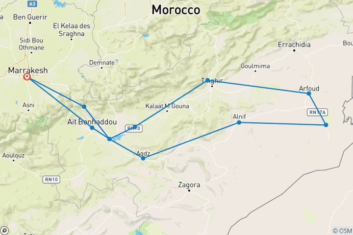 Karte von Marokko Rundreise ab Marrakesch - 4 Tage