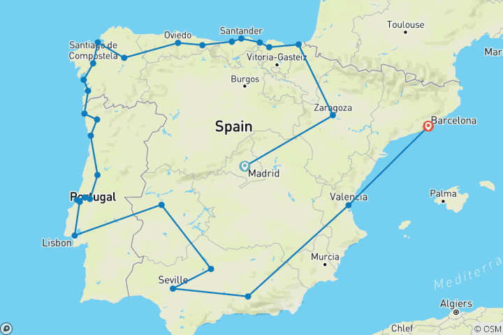 Map of Madrid & Iberian Tour, 22 days