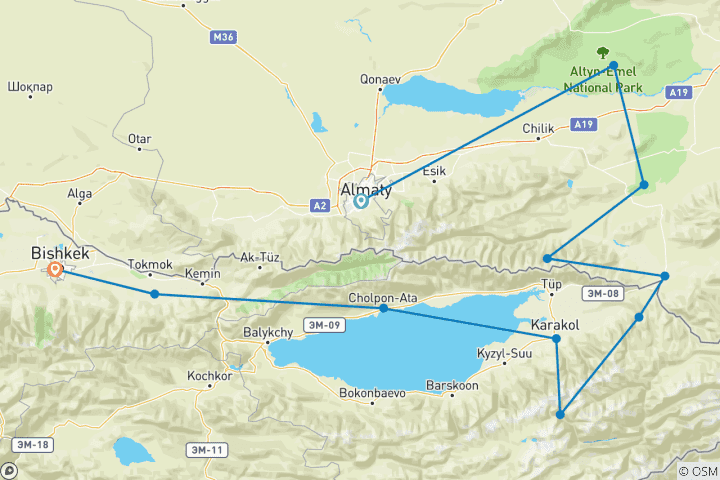 Karte von Highlights in Kasachstan und Kirgisistan