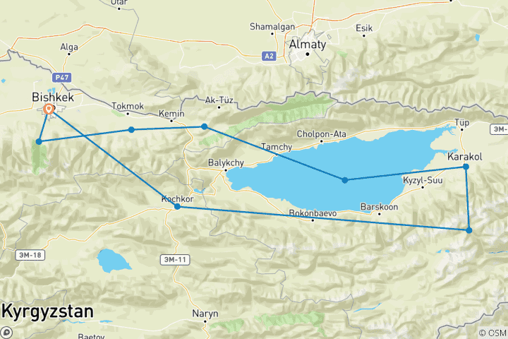 Map of 6 day Nomadic tour around Kyrgyzstan