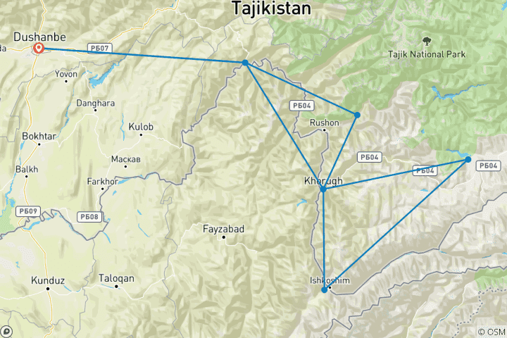 Mapa de Circuito por la autopista del Pamir: Tayikistán