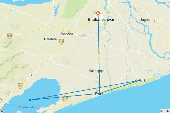 Map of Bhubaneswar, Puri, Konark Triangle Tour