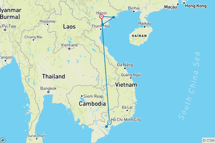 Kaart van Indrukwekkend Vietnam 7 dagen 6 nachten (Ho Chi Minh Stad, Ha Long Bay, Hanoi en Ninh Binh)