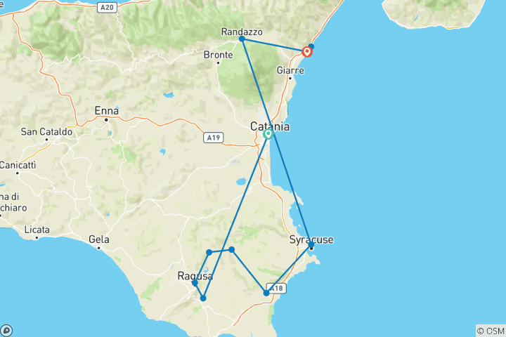 Map of Sicily bike tour, from Siracusa to Etna volcano