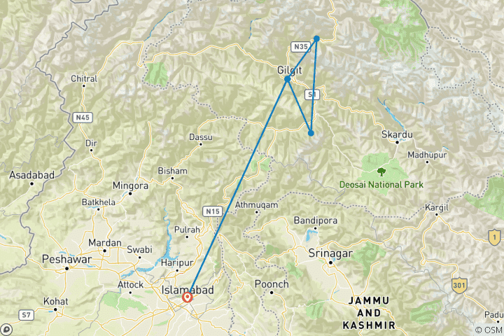 Carte du circuit Vallée de Hunza et camp de base du Nanga Parbat 2025 et 2026