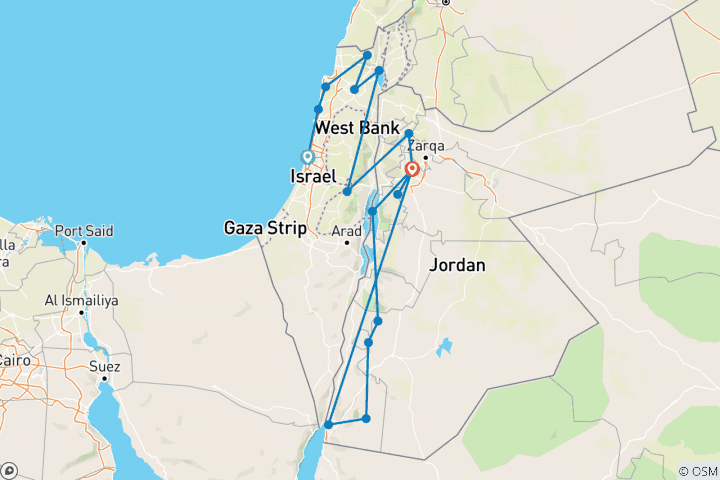 Map of Israel and Jordan (17 destinations)