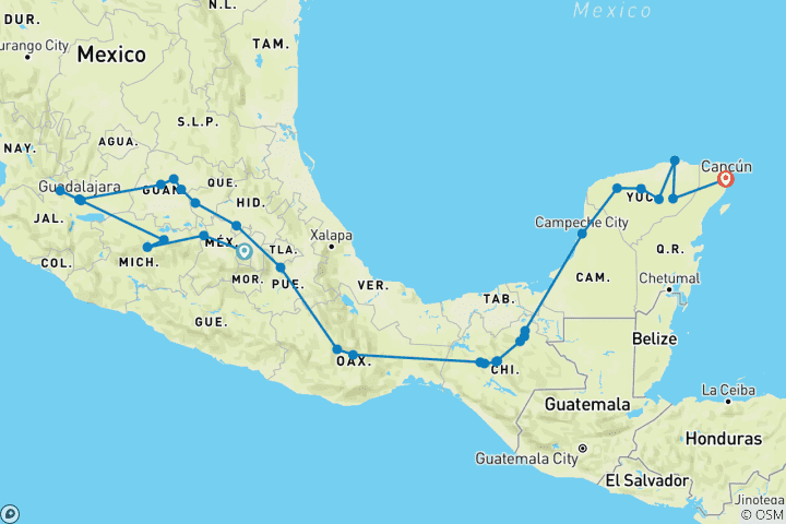 Kaart van De Mariachi-route (31 bestemmingen)