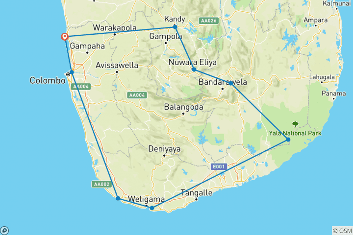 Carte du circuit 5 jours d'excursion au Sri Lanka