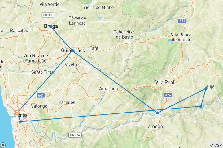Carte du circuit Le meilleur du nord du Portugal avec Porto, Minho et la vallée du Douro
