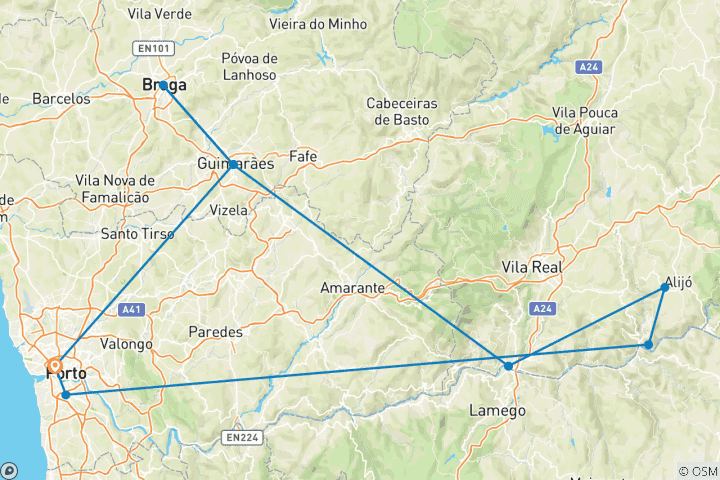 Carte du circuit Le meilleur du nord du Portugal avec Porto, Minho et la vallée du Douro