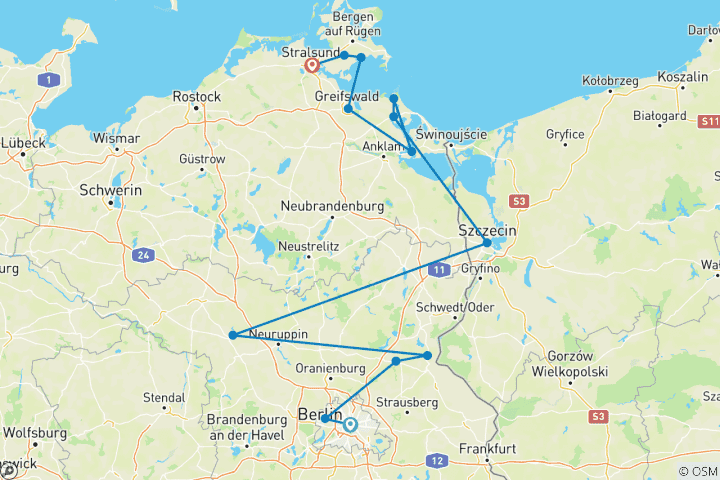 Kaart van Van Berlijn naar Stralsund - een cruise van haven tot haven