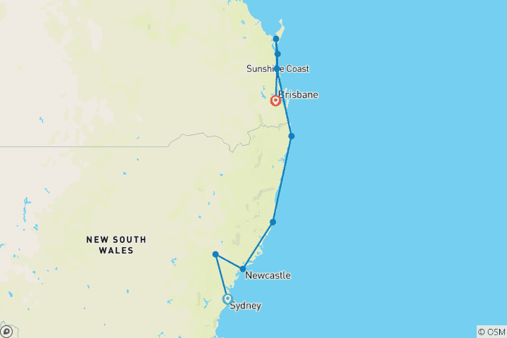 Map of Sydney to Brisbane – 8 Day Boutique Tour