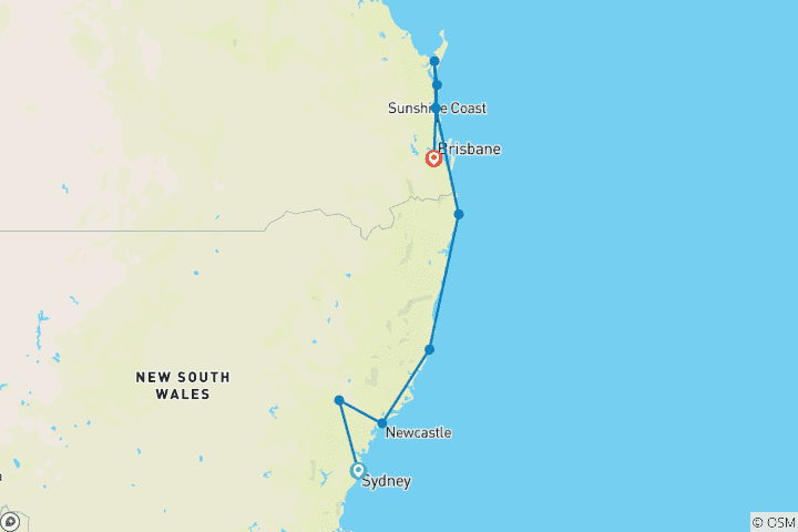 Map of Sydney to Brisbane – 8 Day Boutique Comfort Tour