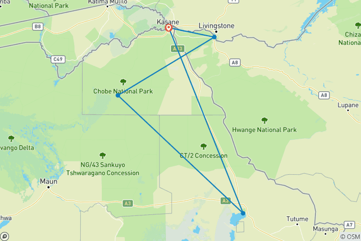 Kaart van Beste Kasane Ervaring 4Daagse 3Nachten