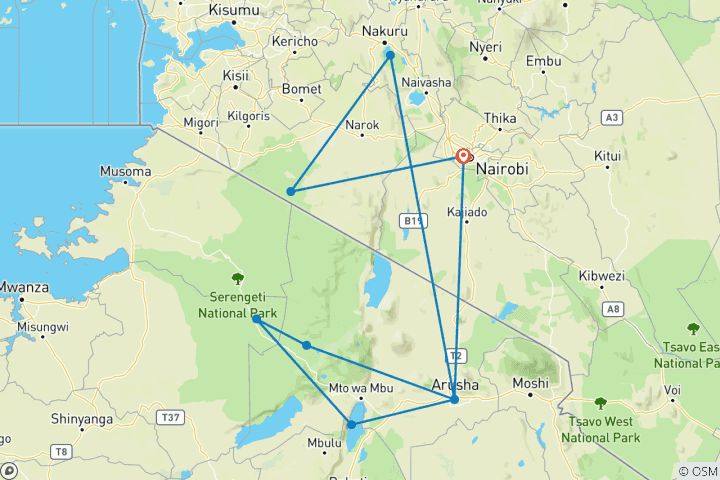 Karte von Kenia und Tansania Entdeckungsreise - 8 Tage