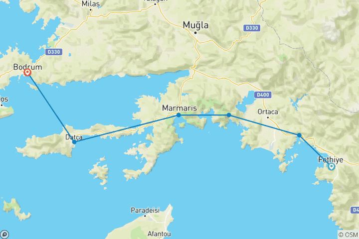 Map of 7-day Fethiye to Bodrum cruise