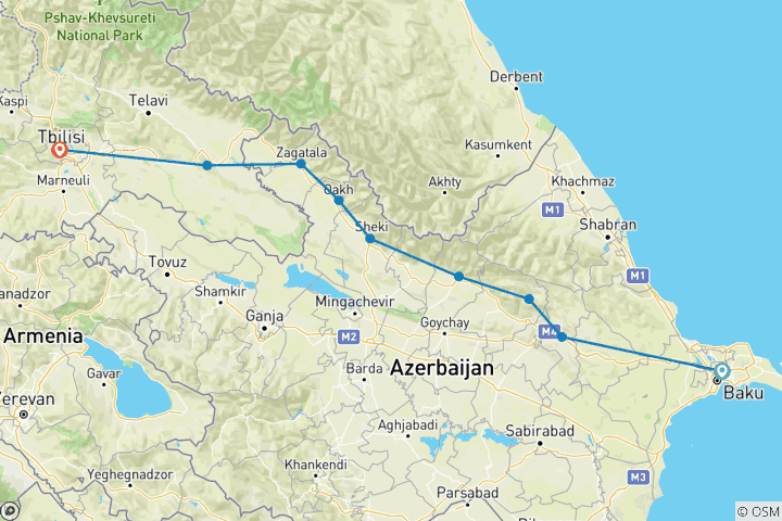 Kaart van 9 dagen Bakoe naar Qabala - Sheki - Zaqatala - Sighnaghi en Tbilisi Privé Tour
