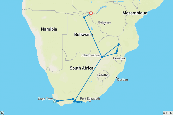 Carte du circuit Circuit de 15 jours en Afrique australe avec ville et safari - vols de correspondance inclus