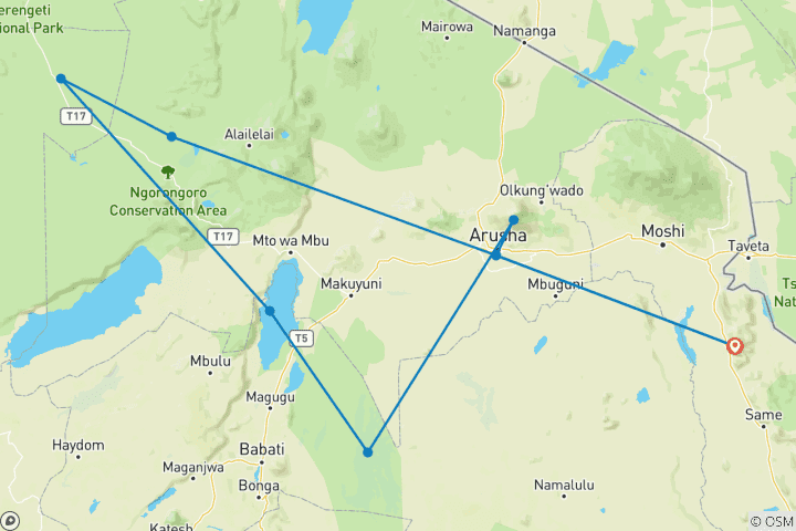 Map of 8 Days Tanzania Familly Safari/Tarangire, Lake Manyara Serengeti, Ngorongoro Crater