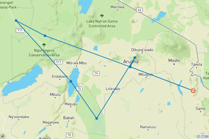 Map of 8 Days Tanzania Familly Safari/Tarangire, Lake Manyara Serengeti, Ngorongoro Crater