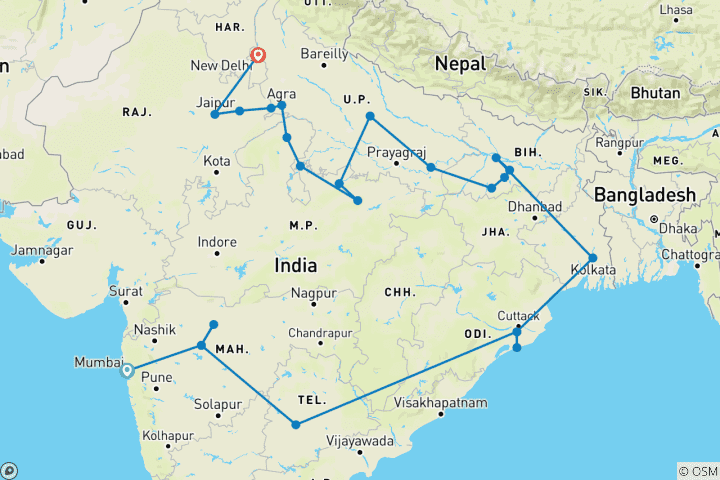 Carte du circuit Au cœur de l'Inde : Une odyssée culturelle