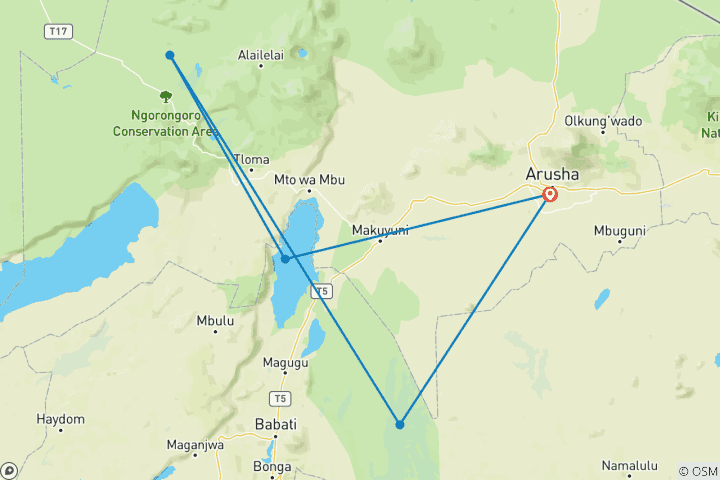 Map of 4-Day Lake Manyara, Ngorongoro Crater and Tarangire NP