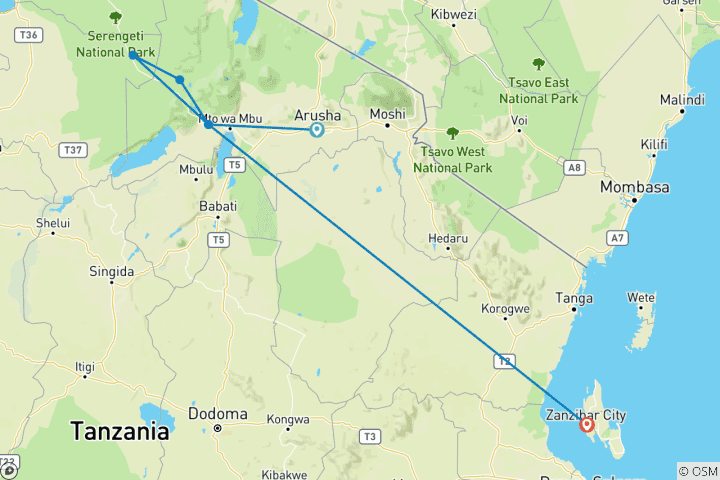 Map of 13-Day Tanzania Northern Parks and Zanzibar Beach Holiday