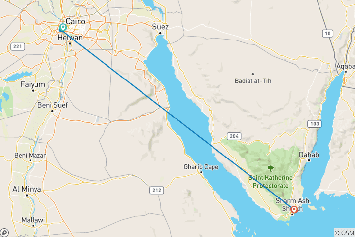 Mapa de Circuito "Playa y monumentos" a Sharm El-Sheij, Giza y el Cairo