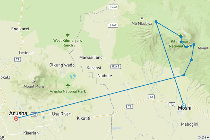 Carte du circuit 9 jours - Ascension du Kilimandjaro par la voie Lemosho