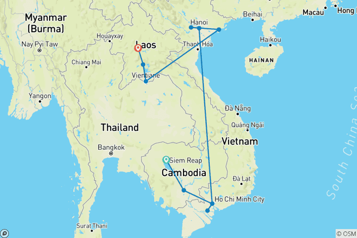 Map of Grand Indochina Tour In 15 Days (Cambodia, Vietnam, Laos)