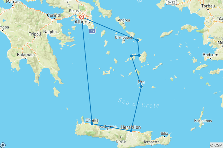 Carte du circuit Le meilleur des Cyclades en 15 jours : Mykonos, Paros, Naxos, Santorin et la Crète