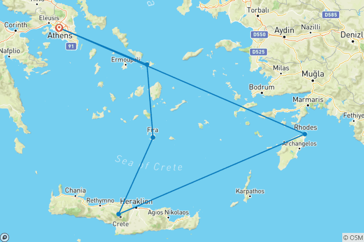 Map of 13 Day Island Tour in Mykonos, Santorini, Crete & Rhodes