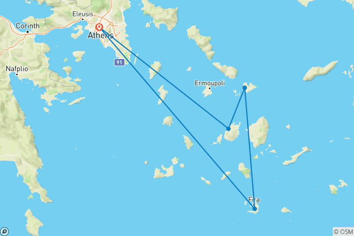 Mapa de Excursión de 4 días a Paros, Santorini y Mykonos, una increíble excursión por las islas griegas