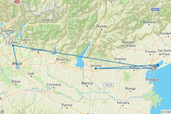 Map of The Ultimate Luxury Northern Italy Tour: Milan, Lake Como, Venice and Verona