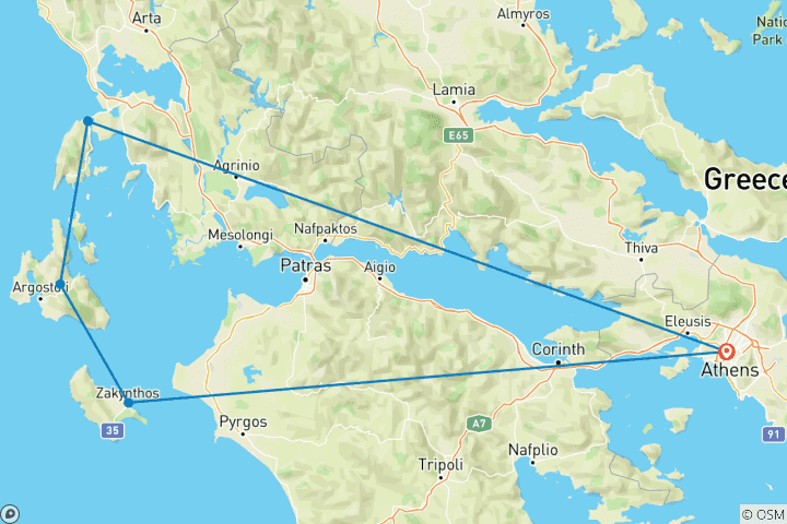 Carte du circuit 10 jours d'aventure sur les îles Ioniennes : Explorez Zakynthos, Céphalonie et Leucade