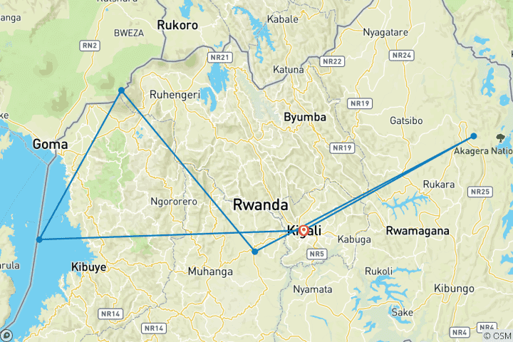 Map of 7 Days Rwanda Gorilla Trekking, Big 5,  Big Cats & Lake Kivu Tour