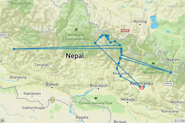 Map of Manaslu Circuit Trek 16 Days