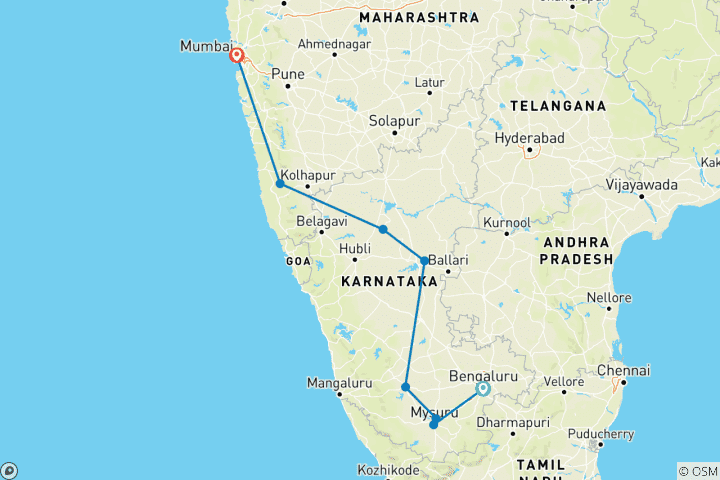 Carte du circuit Des merveilles urbaines aux trésors côtiers : De Bangalore à Mumbai