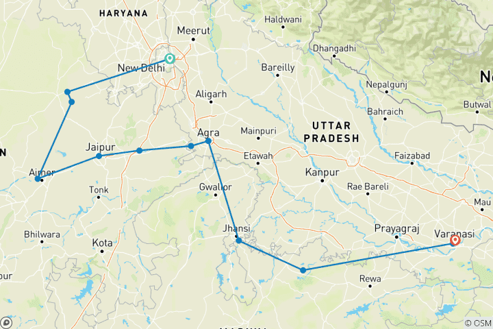 Mapa de Aventura familiar de 12 días en el Rajastán hecha a medida, con coche privado y salida diaria