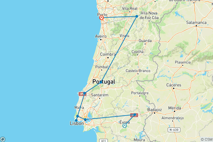 Carte du circuit Les points forts du Portugal - Lisbonne, Alentejo, Sintra, Porto et la vallée du Douro